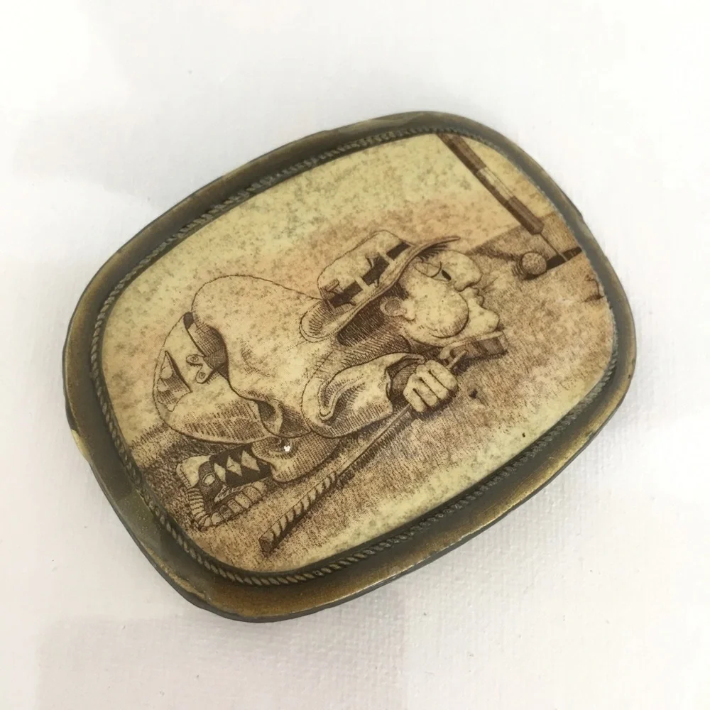 Vintage Novelty Brass Belt Buckle Cartoon Golfer Blowing Golf Ball Into The Hole